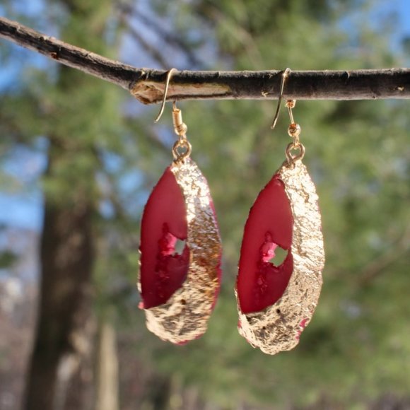 14K Gold Geode Resin Stone Drop Teardrop Earrings - Picture 6 of 9